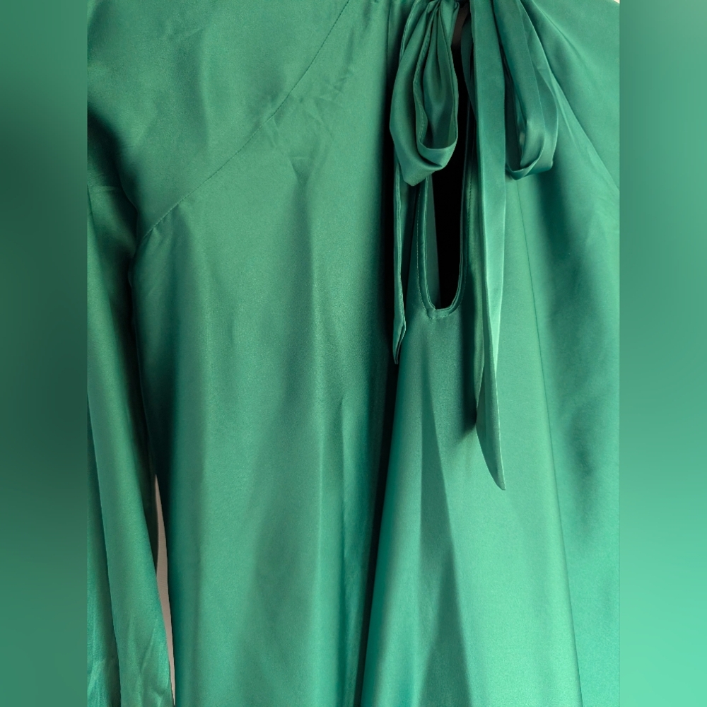 Emerald Green High Shine High tie neck Long Sleeve Flowing Aura Dress - Picture 15 of 16